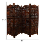 Paravent pliable en bois à 4 panneaux, motif soleil et lune sculpté à la main, marron