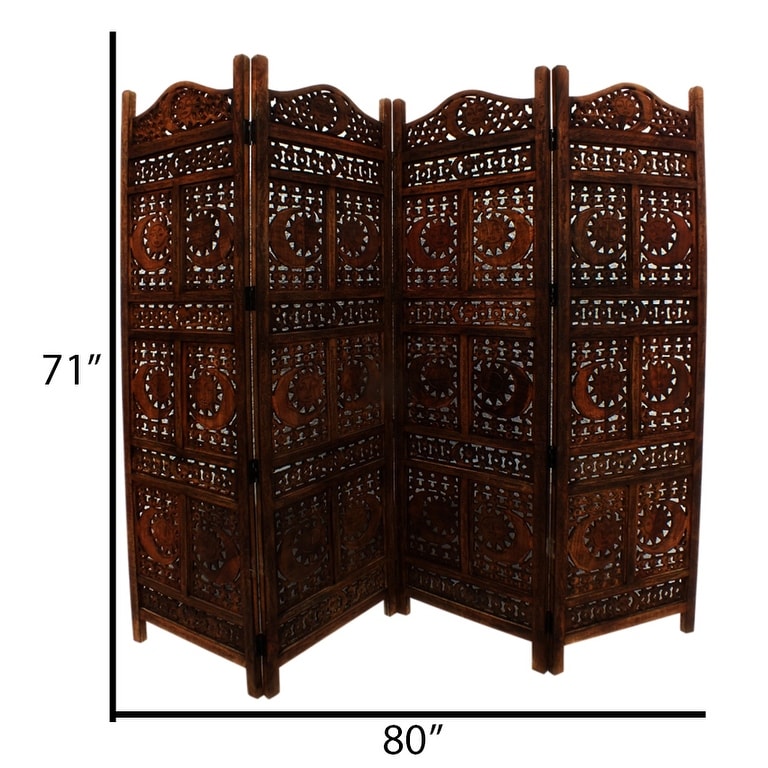 Paravent pliable en bois à 4 panneaux, motif soleil et lune sculpté à la main, marron