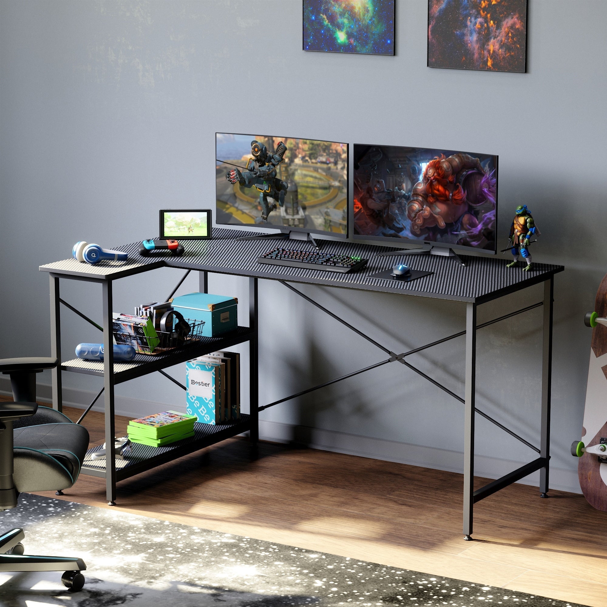 Petit bureau en L avec étagères de rangement Bureau d'ordinateur d'angle
