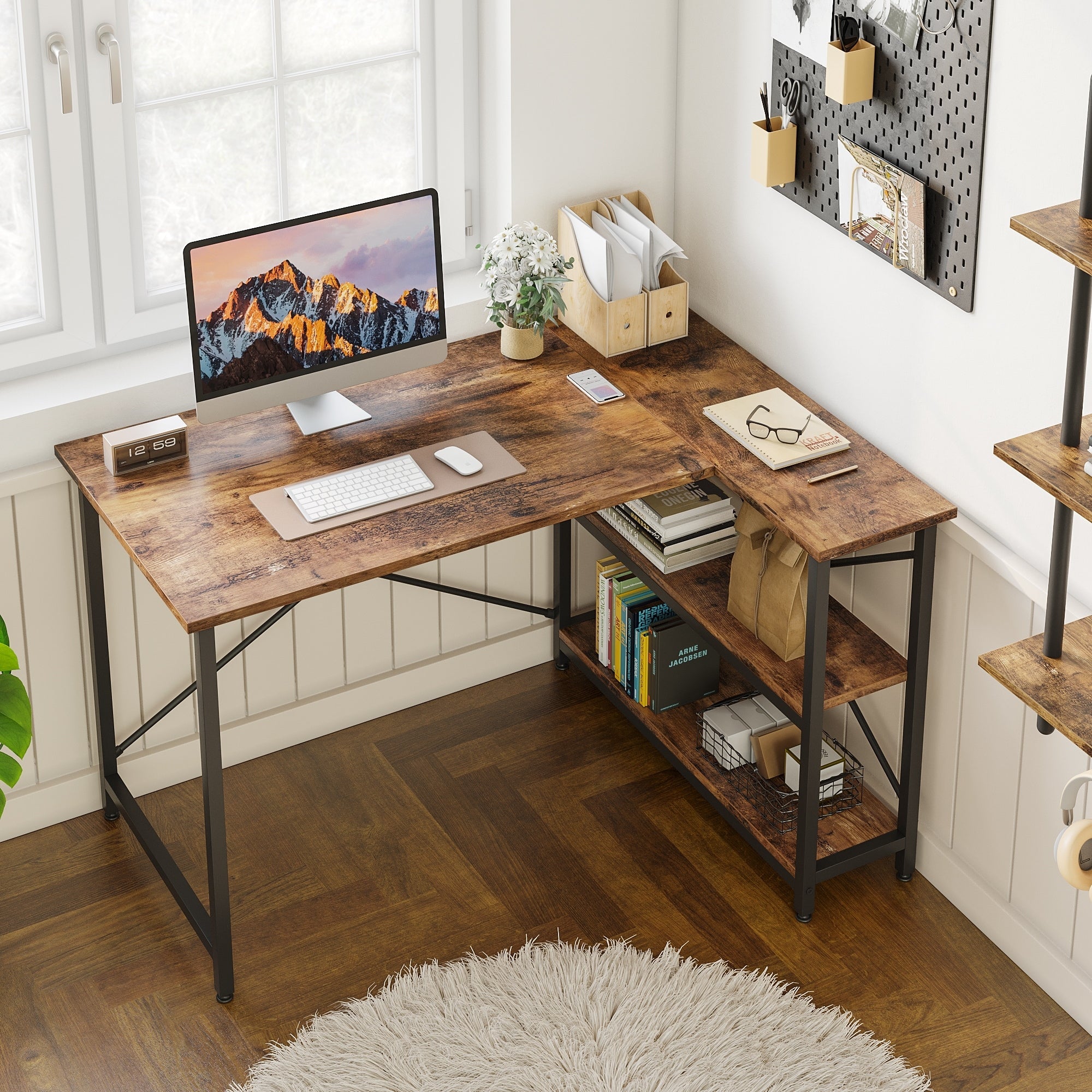 Petit bureau en L avec étagères de rangement Bureau d'ordinateur d'angle