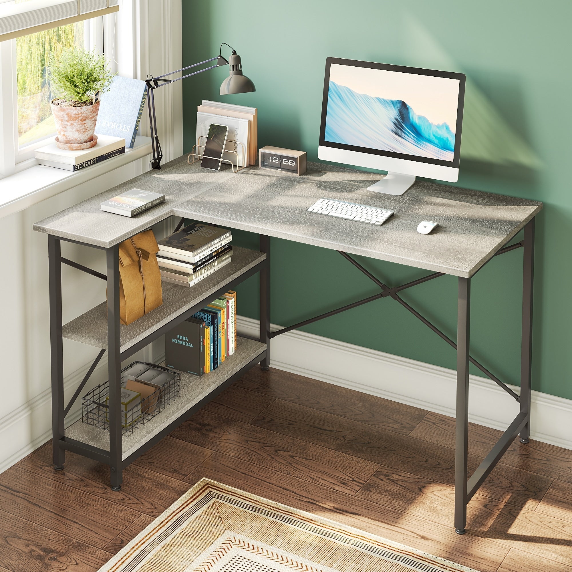 Petit bureau en L avec étagères de rangement Bureau d'ordinateur d'angle