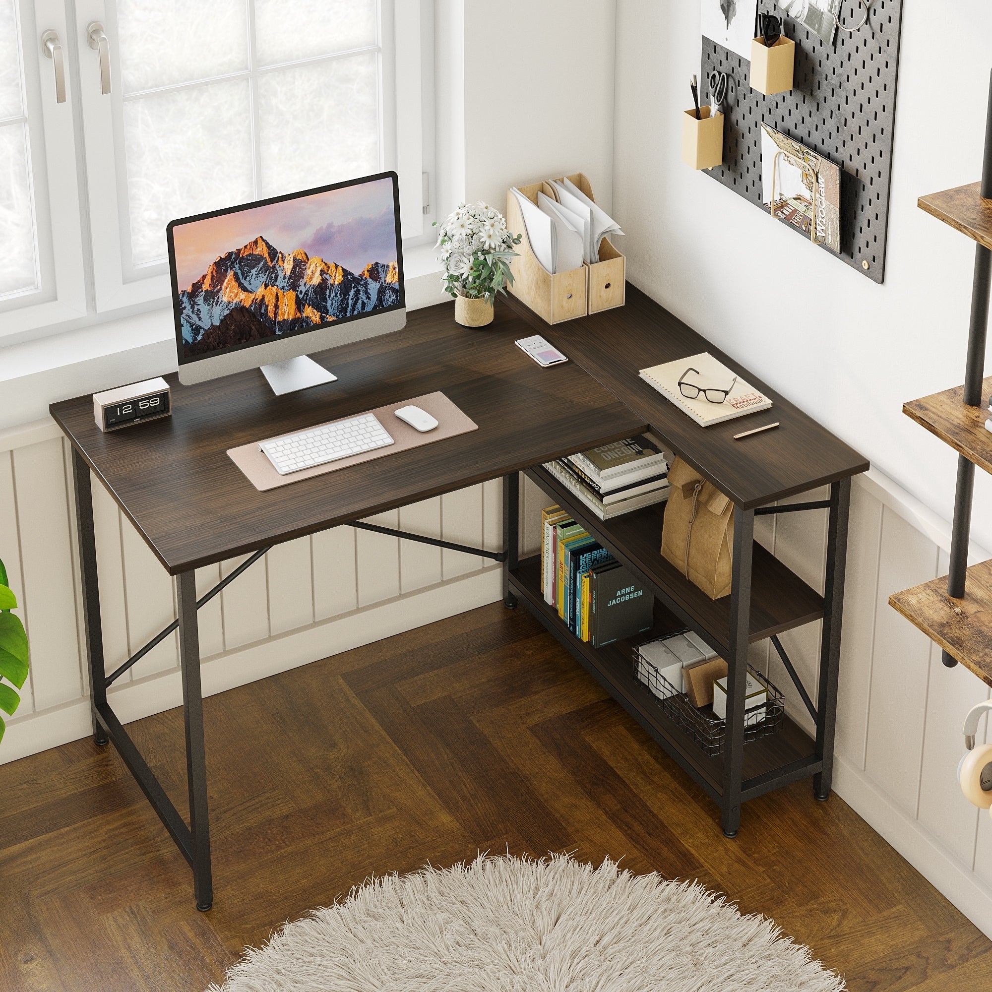 Petit bureau en L avec étagères de rangement Bureau d'ordinateur d'angle