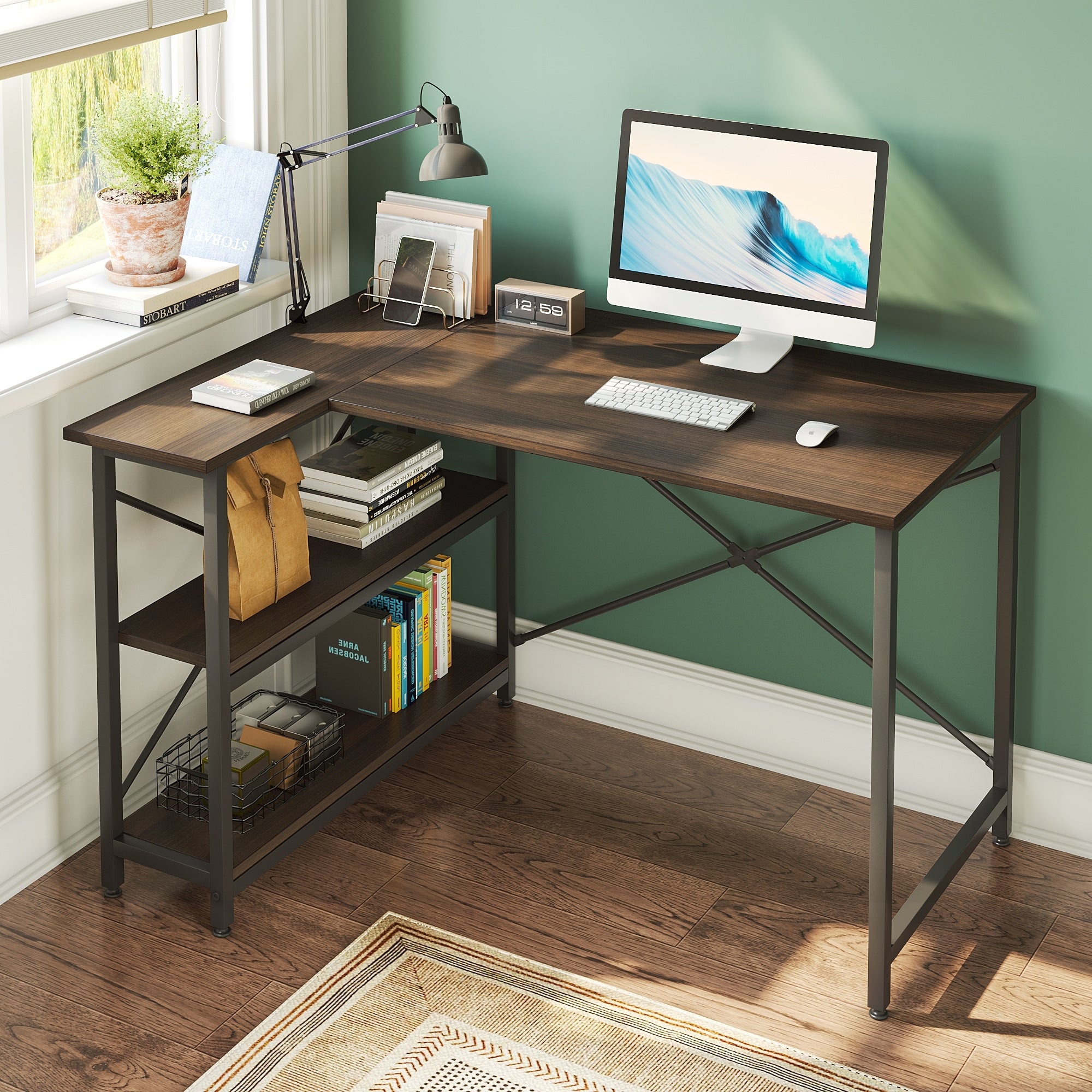 Petit bureau en L avec étagères de rangement Bureau d'ordinateur d'angle