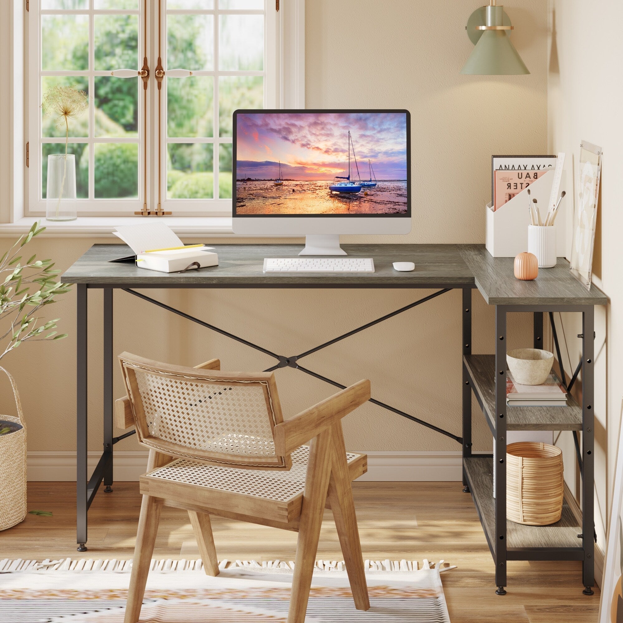 Petit bureau en L avec étagères de rangement Bureau d'ordinateur d'angle