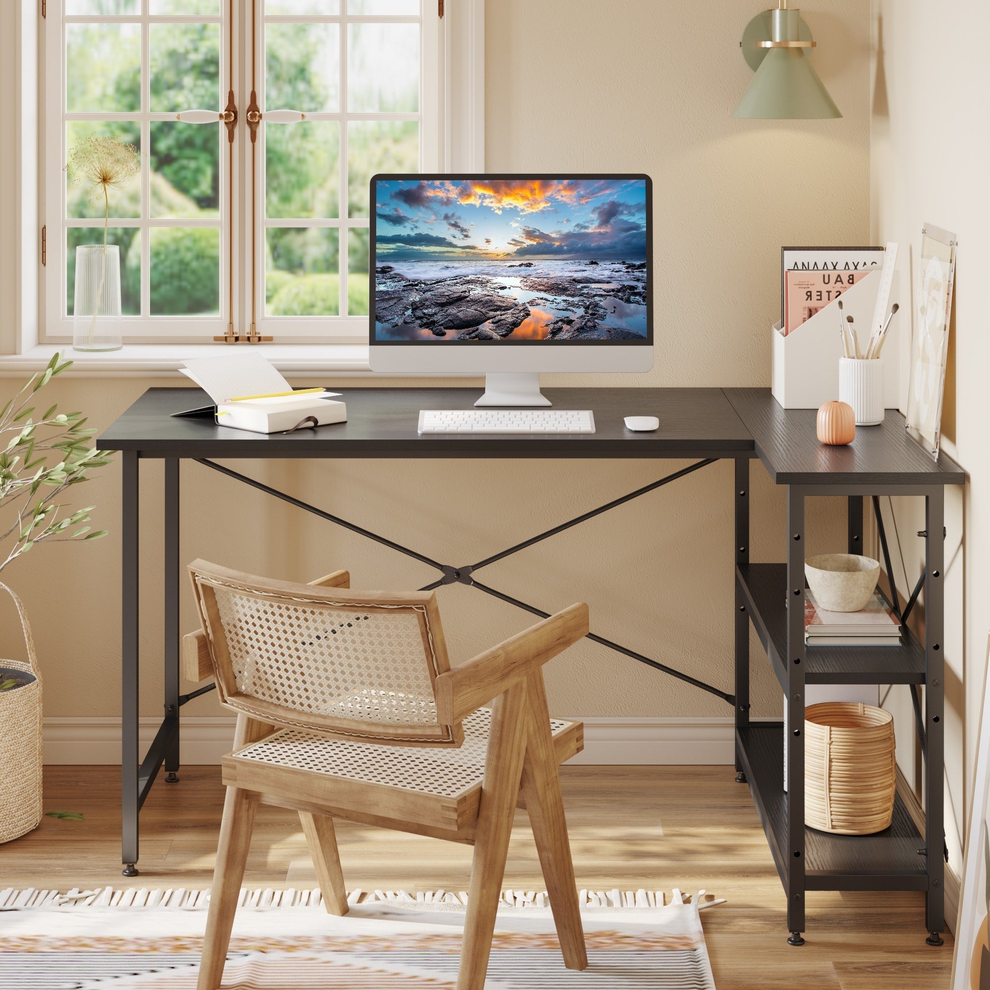 Petit bureau en L avec étagères de rangement Bureau d'ordinateur d'angle