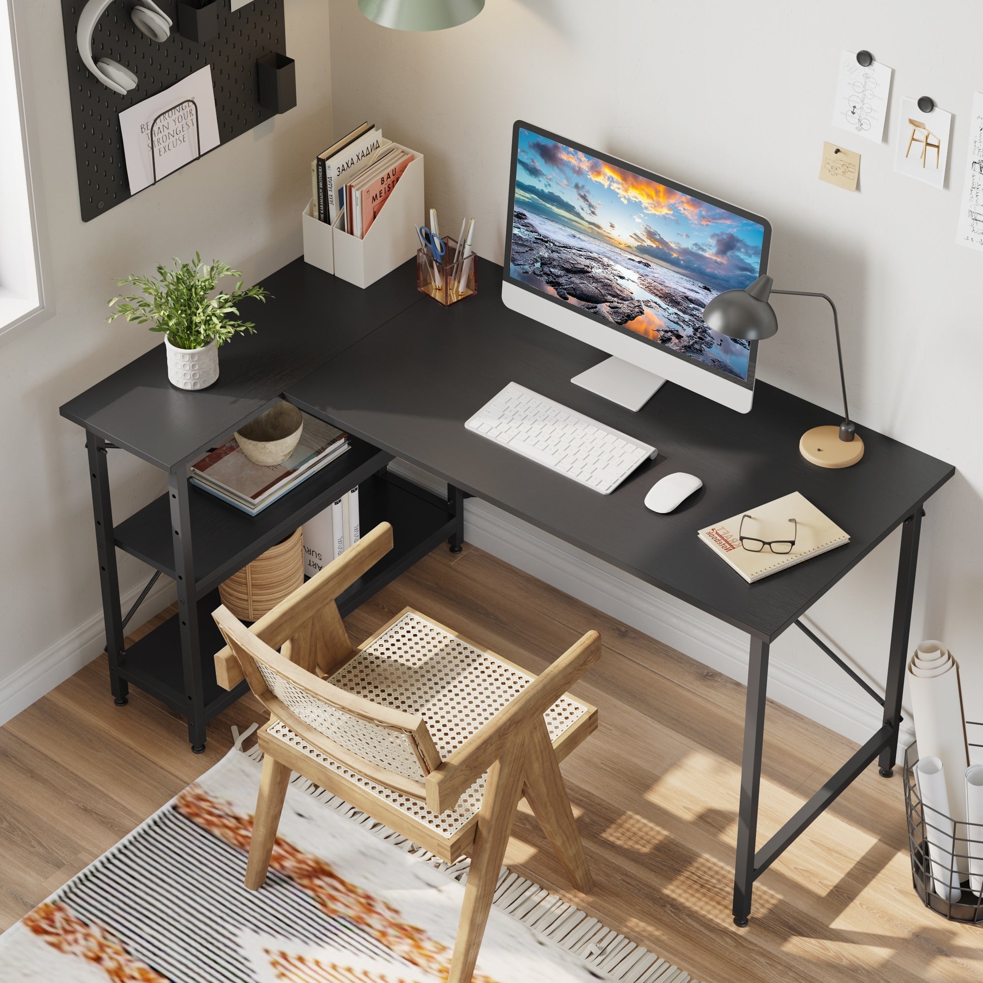 Petit bureau en L avec étagères de rangement Bureau d'ordinateur d'angle