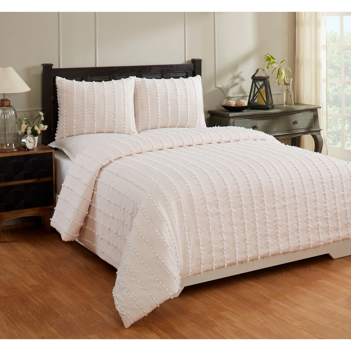 Parure de lit Angelique Better Trends 100 % coton touffeté doux en peluche chenille élégantes rayures lavable en machine et sèche-linge