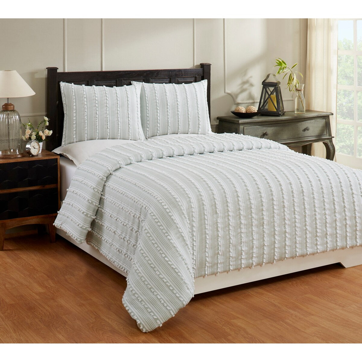 Parure de lit Angelique Better Trends 100 % coton touffeté doux en peluche chenille élégantes rayures lavable en machine et sèche-linge