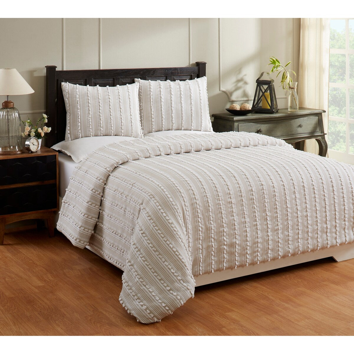 Parure de lit Angelique Better Trends 100 % coton touffeté doux en peluche chenille élégantes rayures lavable en machine et sèche-linge