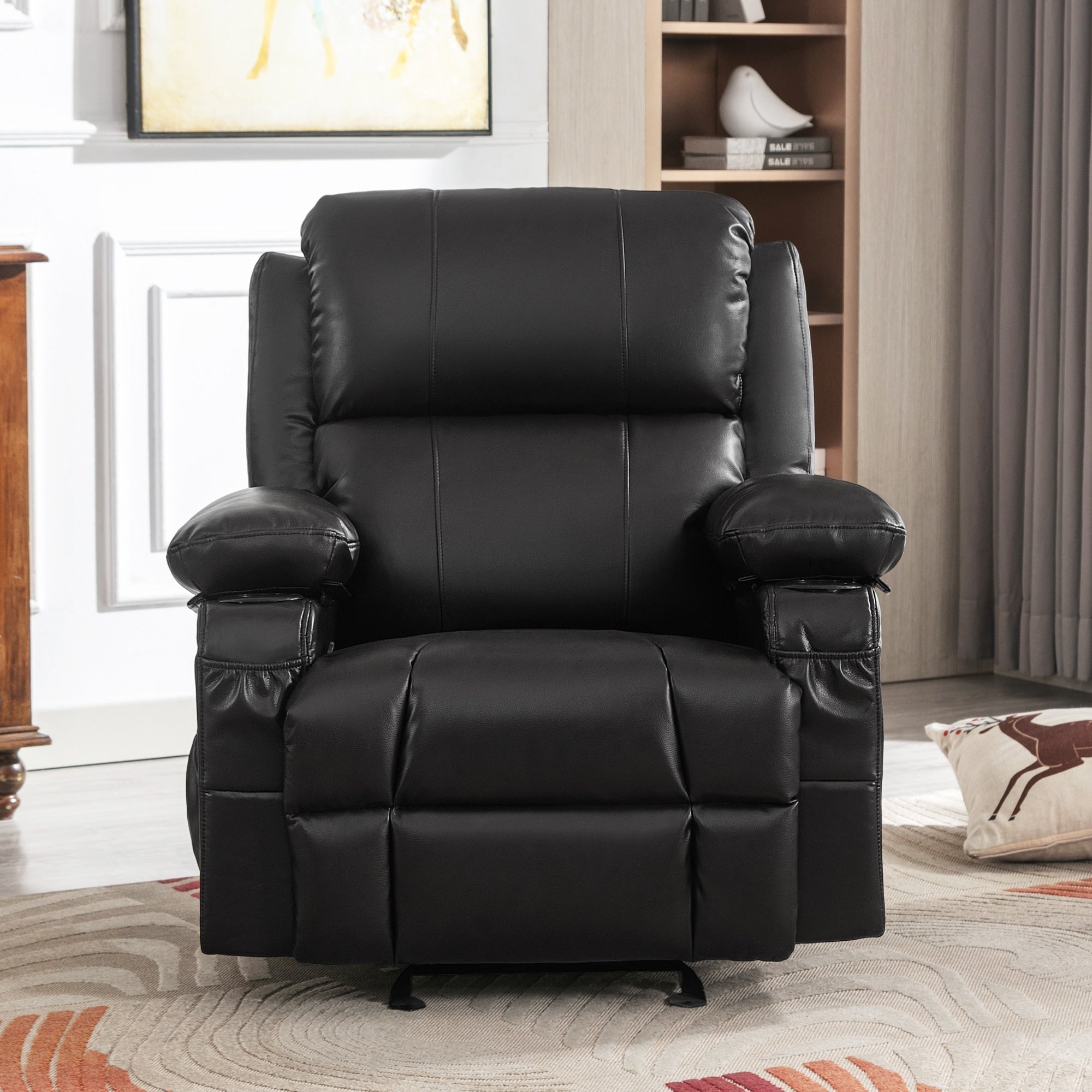 Fauteuil inclinable à bascule réglable noir, avec port USB, porte-gobelets, fonctions massage et chauffage