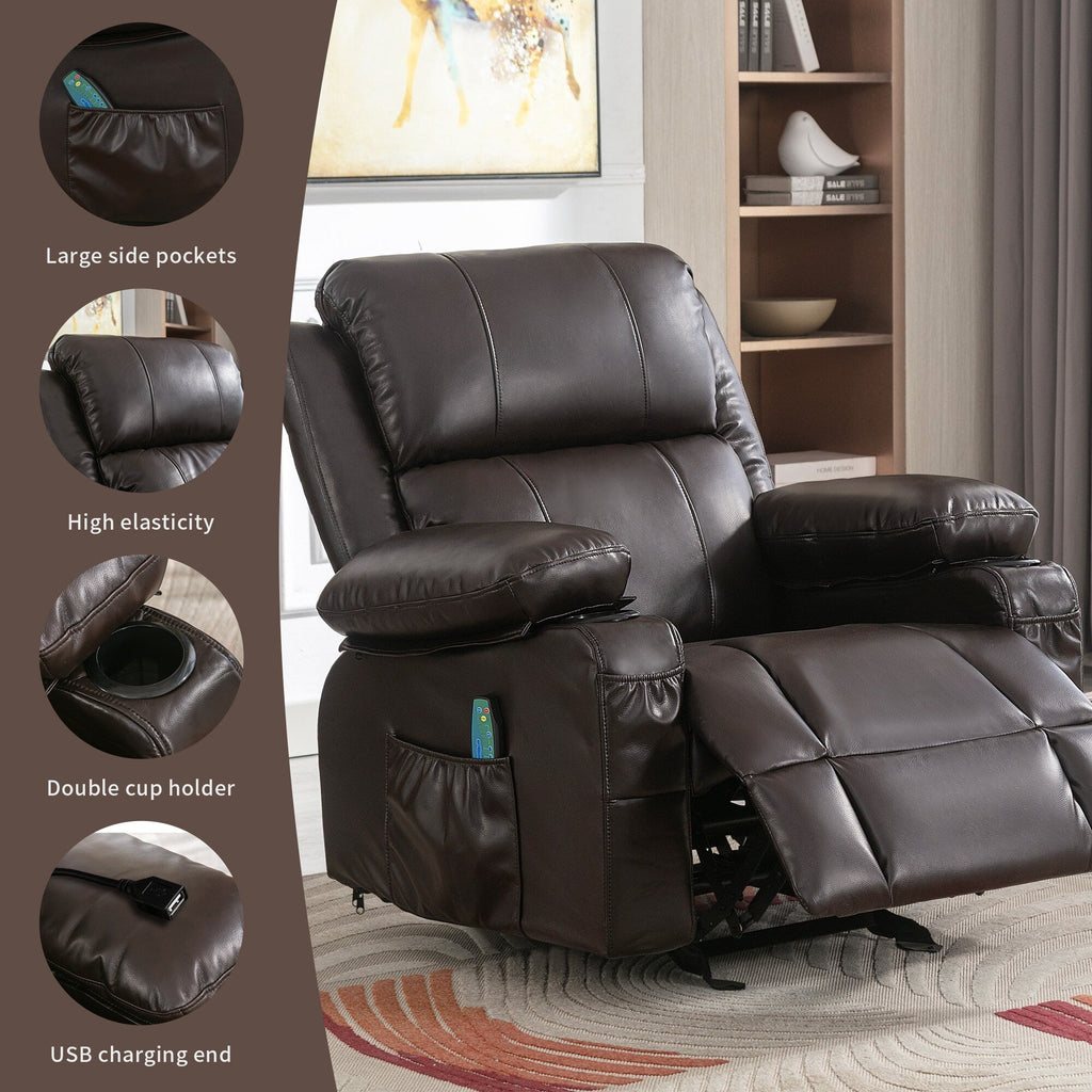 Fauteuil inclinable à bascule réglable noir, avec port USB, porte-gobelets, fonctions massage et chauffage