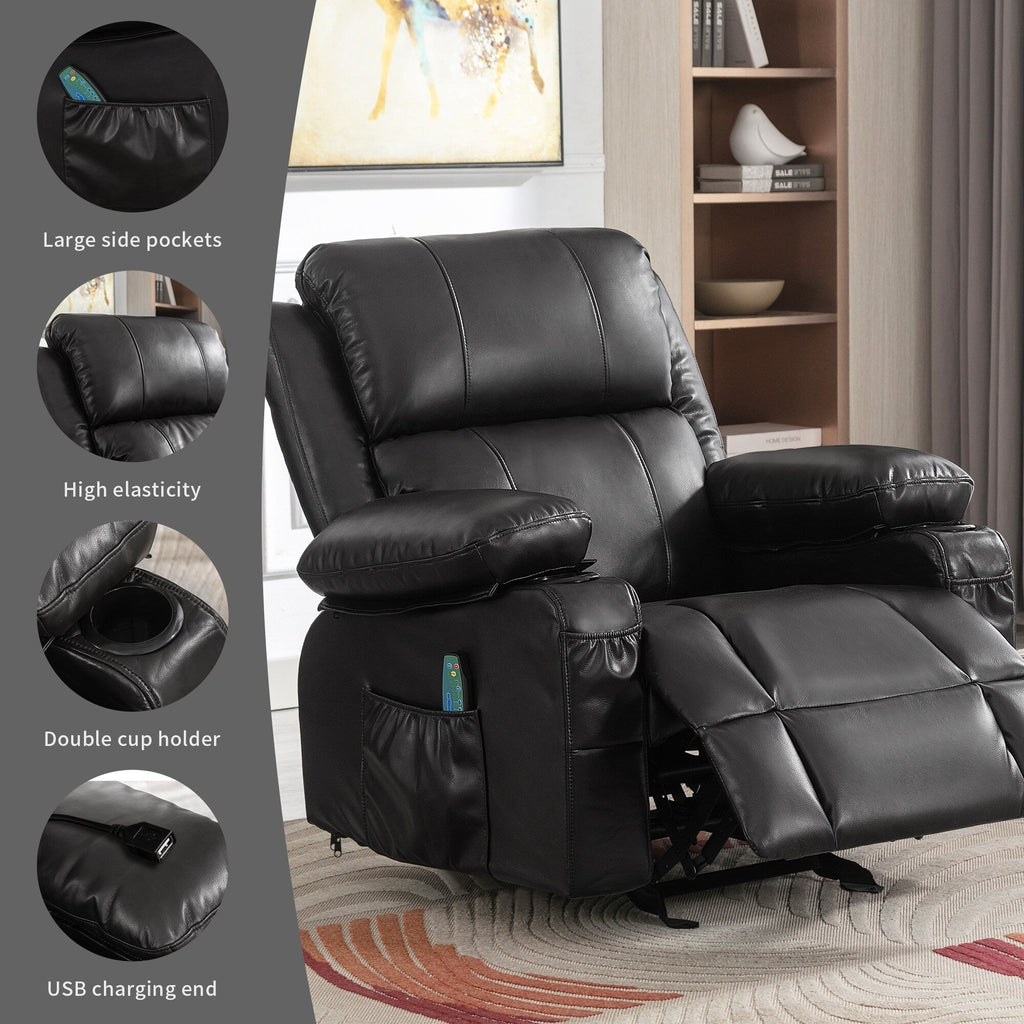 Fauteuil inclinable à bascule réglable noir, avec port USB, porte-gobelets, fonctions massage et chauffage