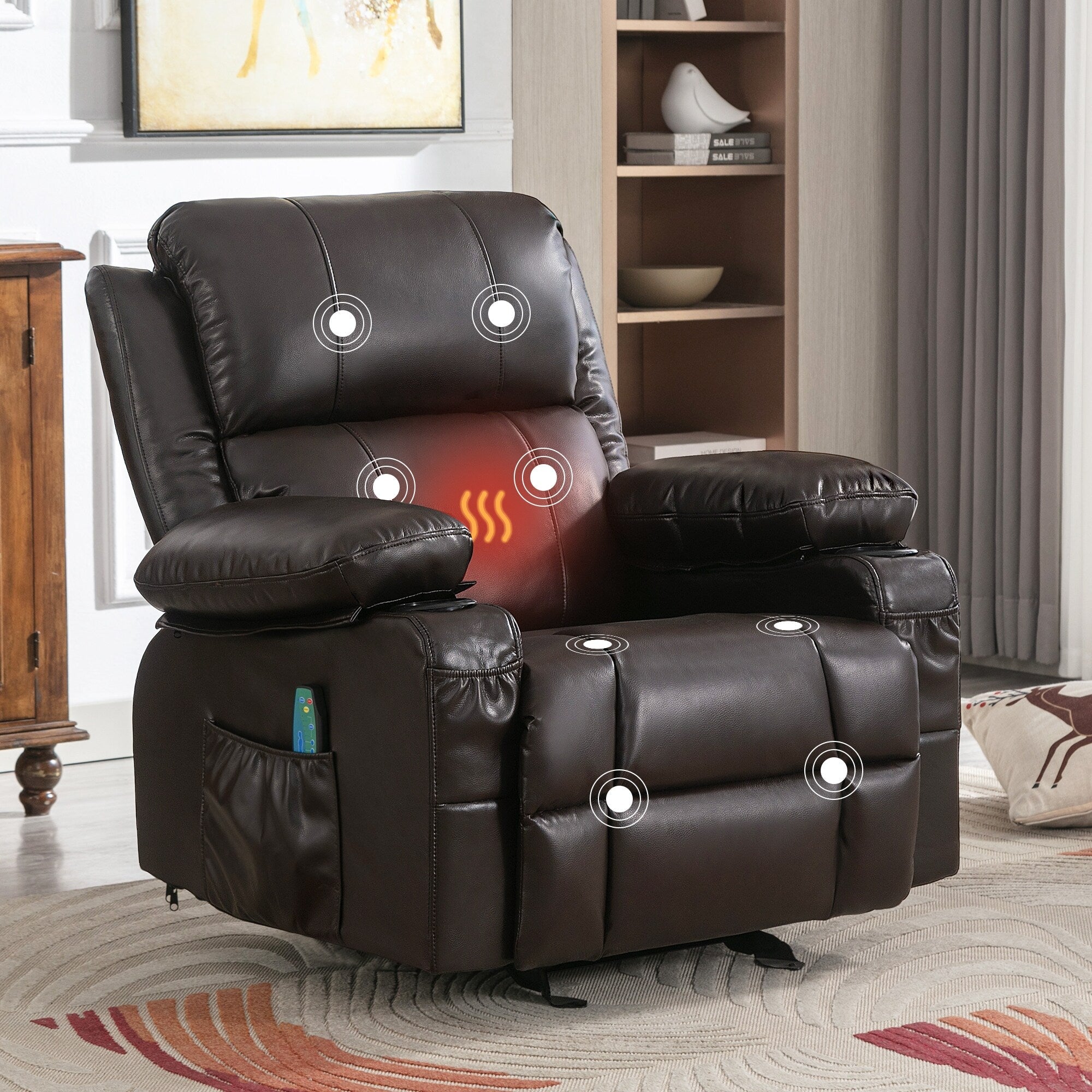 Fauteuil inclinable à bascule réglable noir, avec port USB, porte-gobelets, fonctions massage et chauffage