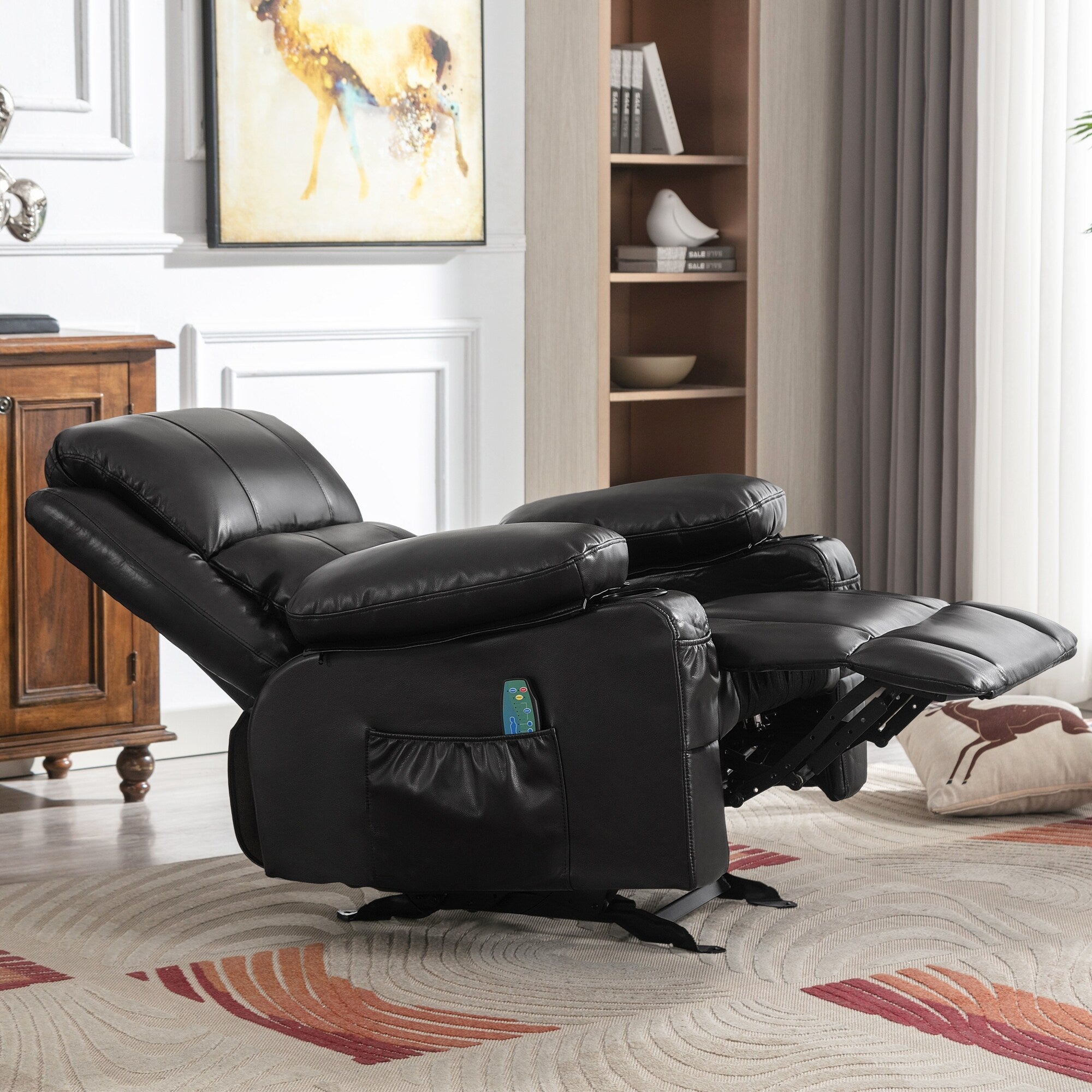 Fauteuil inclinable à bascule réglable noir, avec port USB, porte-gobelets, fonctions massage et chauffage