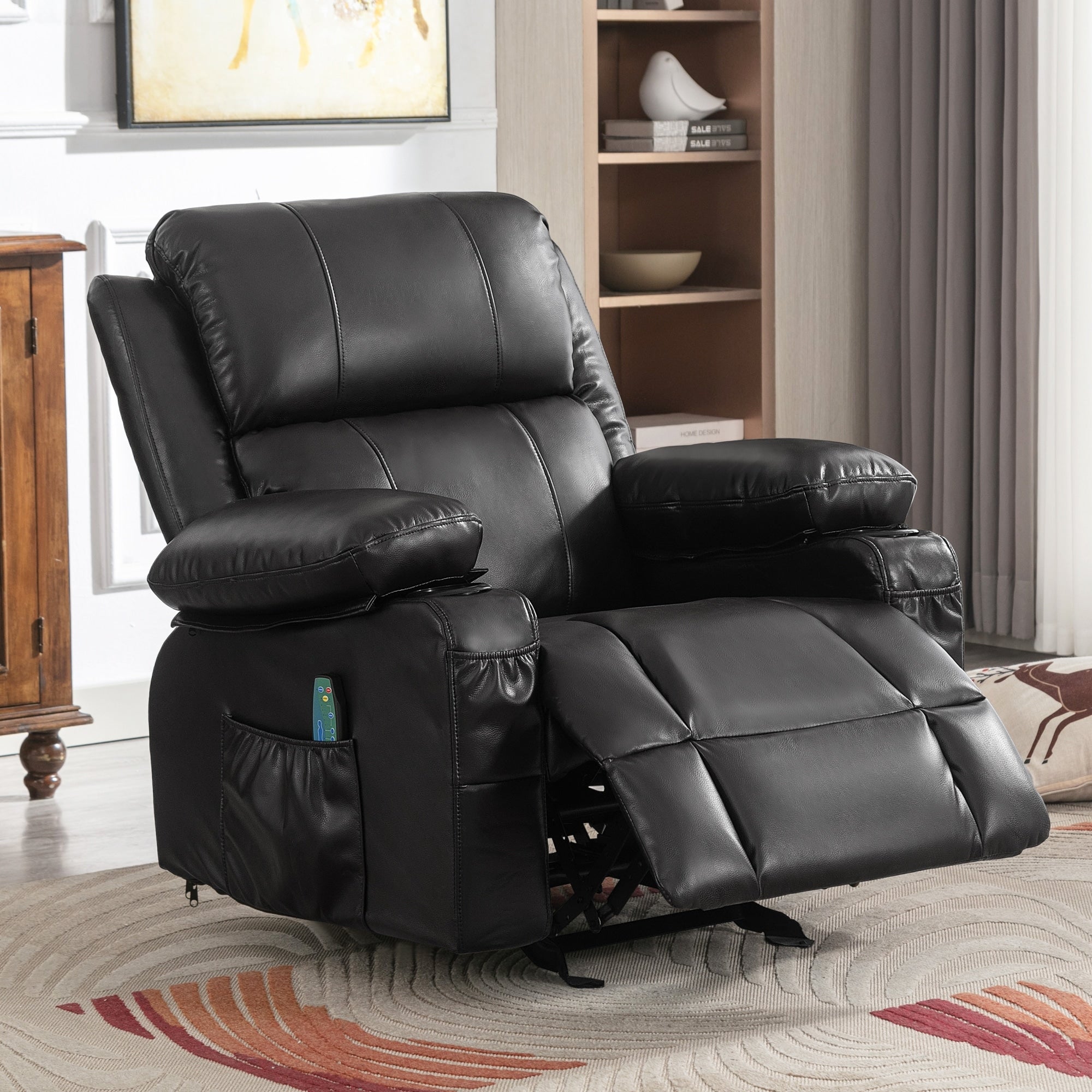 Fauteuil inclinable à bascule réglable noir, avec port USB, porte-gobelets, fonctions massage et chauffage