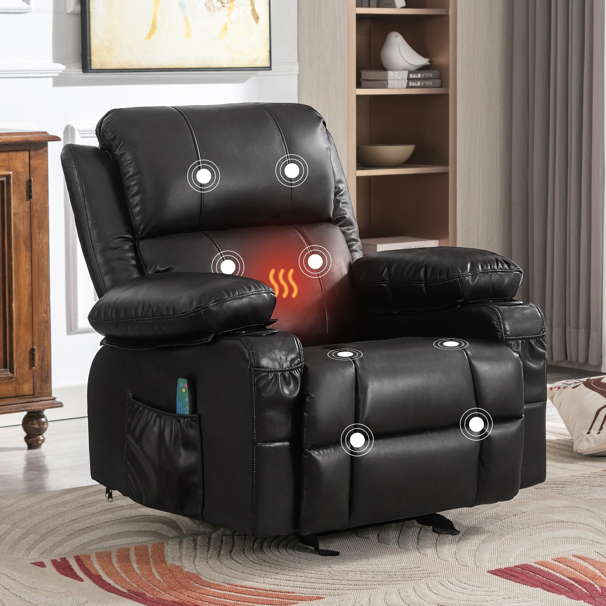 Fauteuil inclinable à bascule réglable noir, avec port USB, porte-gobelets, fonctions massage et chauffage