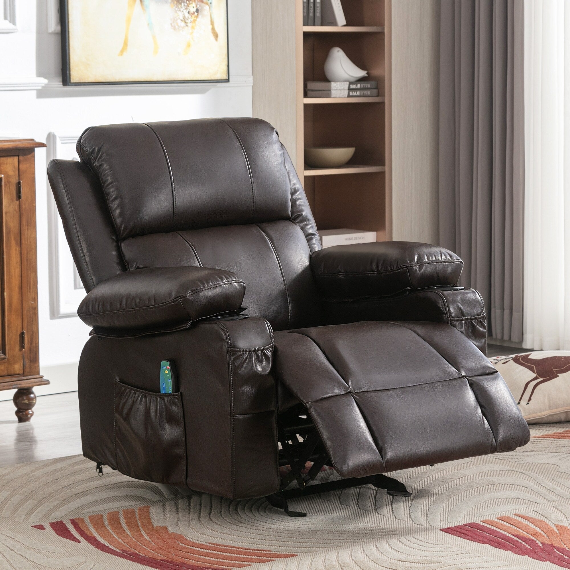 Fauteuil inclinable à bascule réglable noir, avec port USB, porte-gobelets, fonctions massage et chauffage
