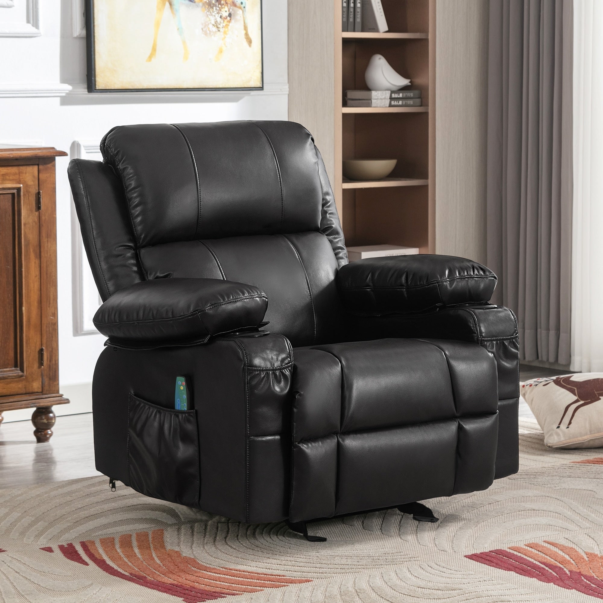 Fauteuil inclinable à bascule réglable noir, avec port USB, porte-gobelets, fonctions massage et chauffage
