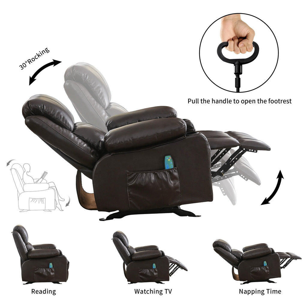 Fauteuil inclinable à bascule réglable noir, avec port USB, porte-gobelets, fonctions massage et chauffage