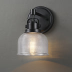Applique murale de salle de bain noire avec abat-jour en verre prismatique transparent