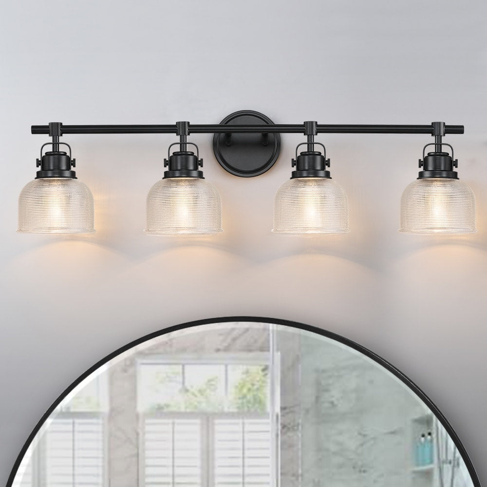 Applique murale de salle de bain noire avec abat-jour en verre prismatique transparent