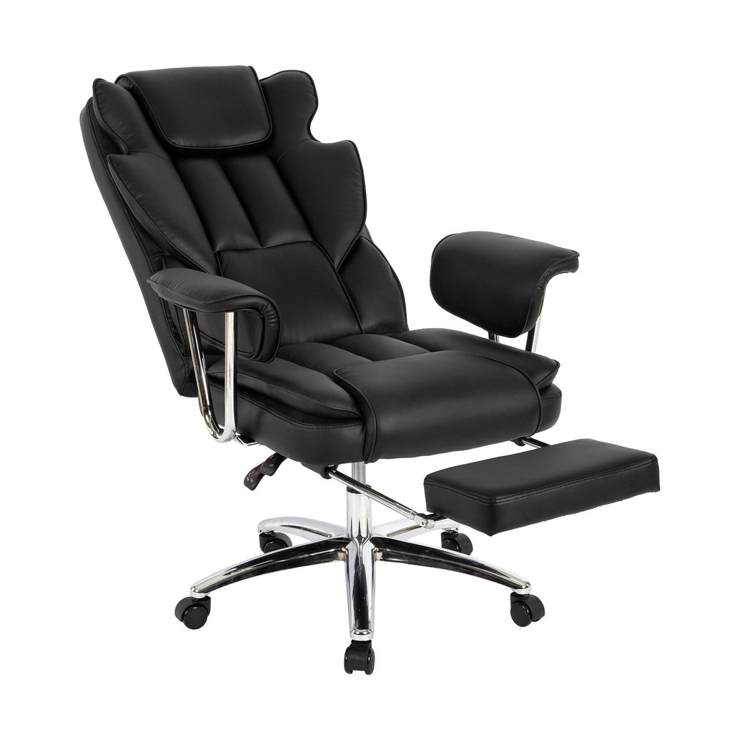 Fauteuil de bureau inclinable ergonomique pivotant à 360° en cuir reconstitué noir avec dossier haut et support lombaire, repose-pieds et hauteur réglable