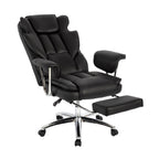 Fauteuil de bureau inclinable ergonomique pivotant à 360° en cuir reconstitué noir avec dossier haut et support lombaire, repose-pieds et hauteur réglable