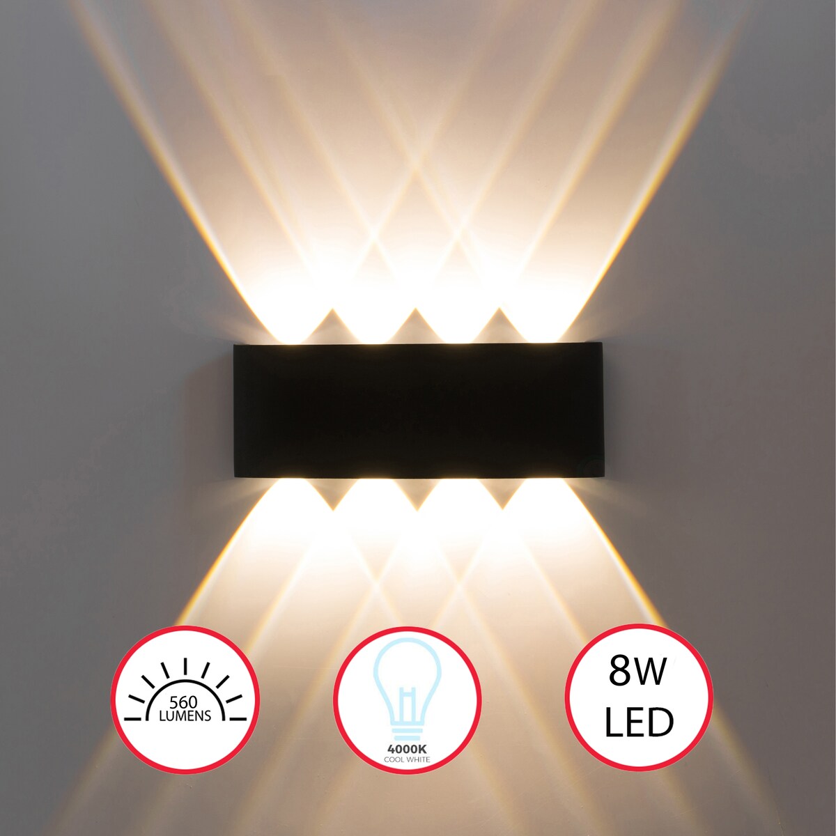 Applique murale décorative contemporaine noire en aluminium étanche pour l'intérieur et l'extérieur, 8 W, blanc froid 4 000 K