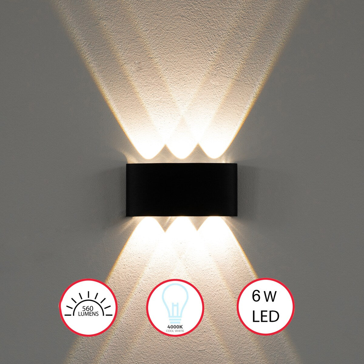 Applique murale décorative contemporaine noire en aluminium étanche pour l'intérieur et l'extérieur, 8 W, blanc froid 4 000 K