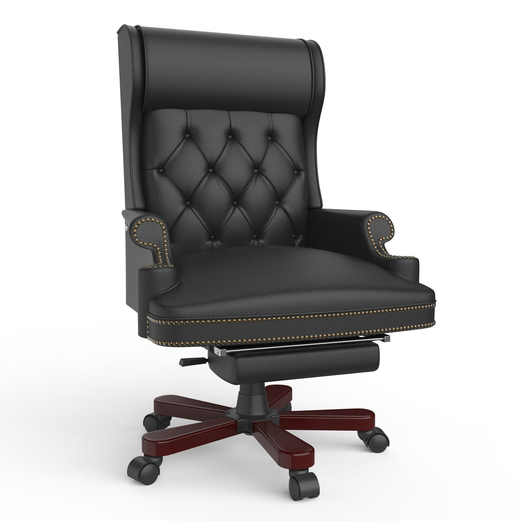 Fauteuil de bureau pivotant ergonomique en cuir PU noir avec repose-pieds, dossier capitonné et décoration cloutée