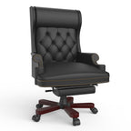 Fauteuil de bureau pivotant ergonomique en cuir PU noir avec repose-pieds, dossier capitonné et décoration cloutée