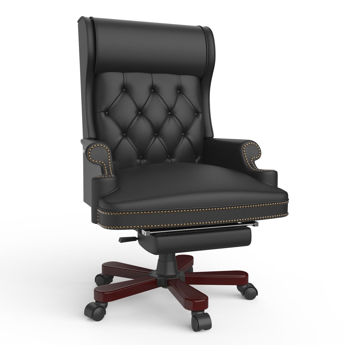 Fauteuil de bureau pivotant ergonomique en cuir PU noir avec repose-pieds, dossier capitonné et décoration cloutée