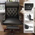 Fauteuil de bureau pivotant ergonomique en cuir PU noir avec repose-pieds, dossier capitonné et décoration cloutée