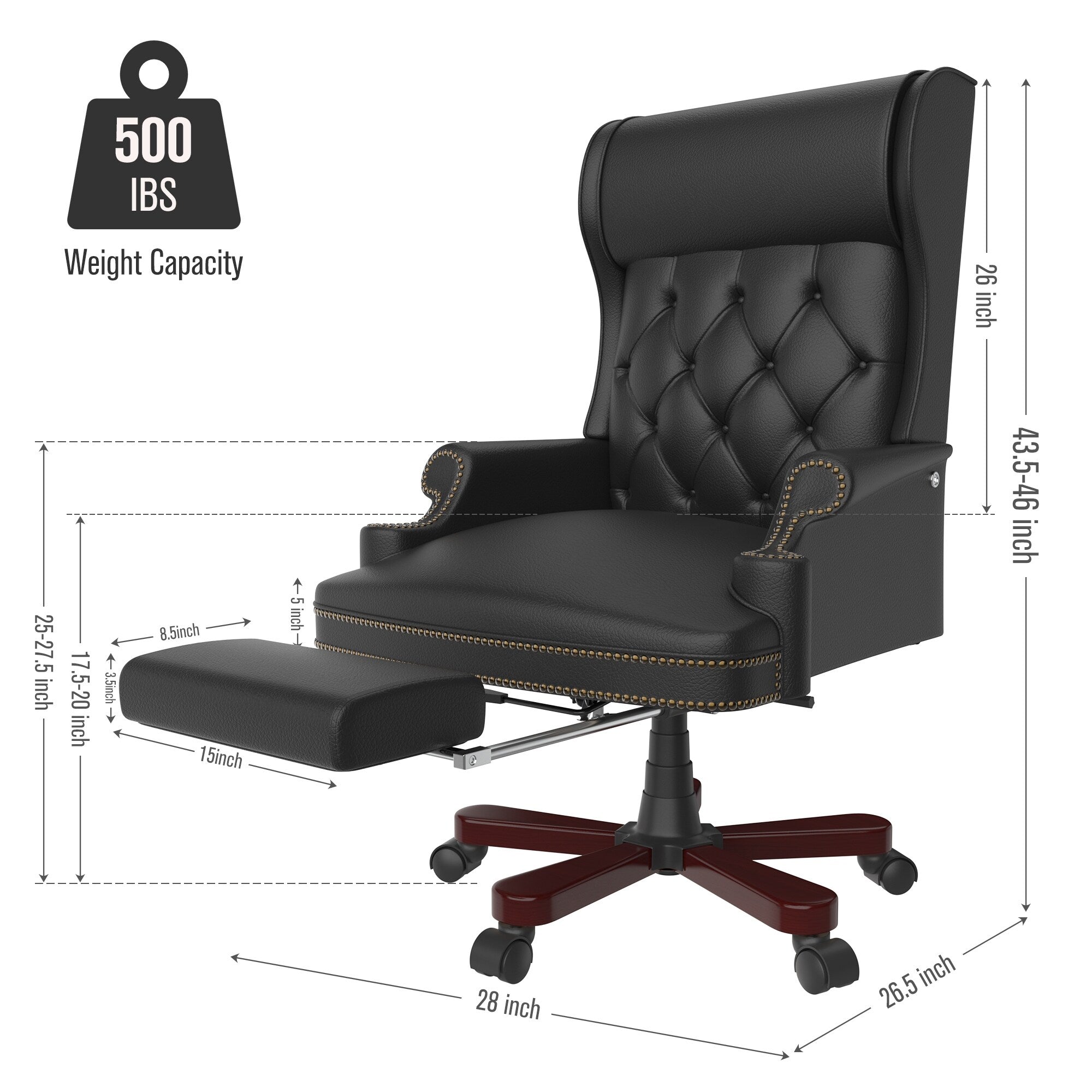 Fauteuil de bureau pivotant ergonomique en cuir PU noir avec repose-pieds, dossier capitonné et décoration cloutée