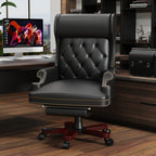 Fauteuil de bureau pivotant ergonomique en cuir PU noir avec repose-pieds, dossier capitonné et décoration cloutée