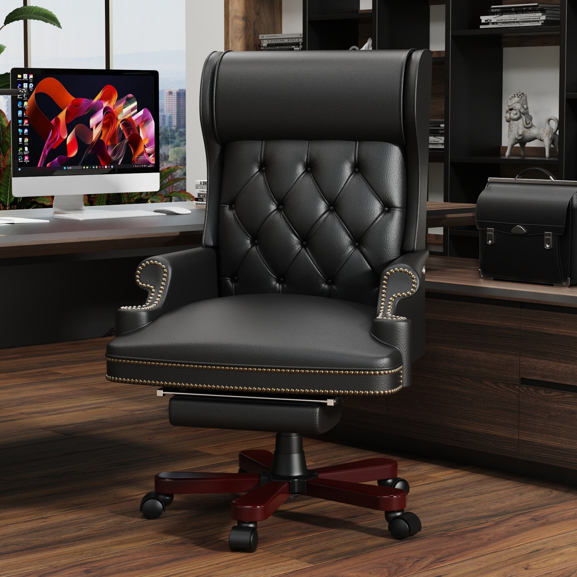 Fauteuil de bureau pivotant ergonomique en cuir PU noir avec repose-pieds, dossier capitonné et décoration cloutée