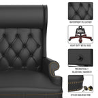Fauteuil de bureau pivotant ergonomique en cuir PU noir avec repose-pieds, dossier capitonné et décoration cloutée