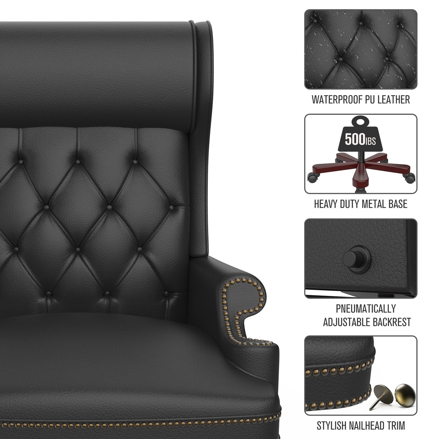 Fauteuil de bureau pivotant ergonomique en cuir PU noir avec repose-pieds, dossier capitonné et décoration cloutée