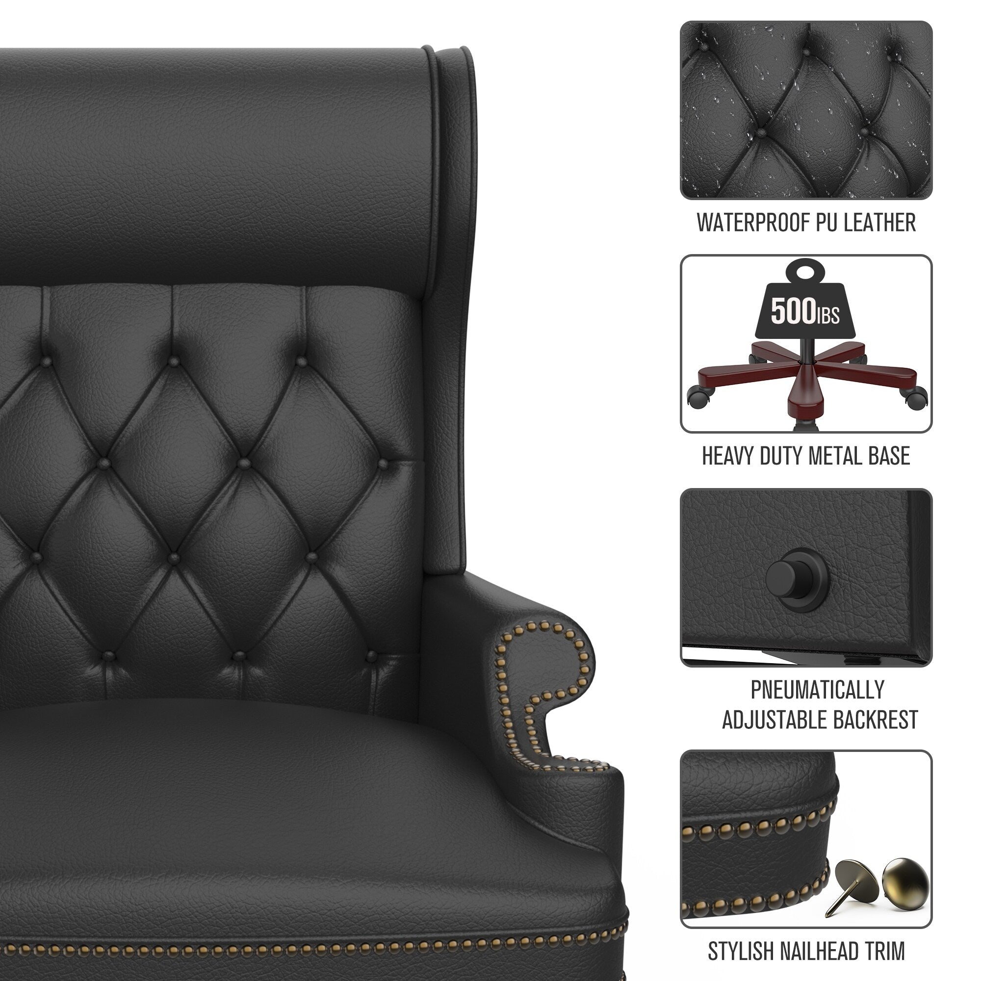 Fauteuil de bureau pivotant ergonomique en cuir PU noir avec repose-pieds, dossier capitonné et décoration cloutée