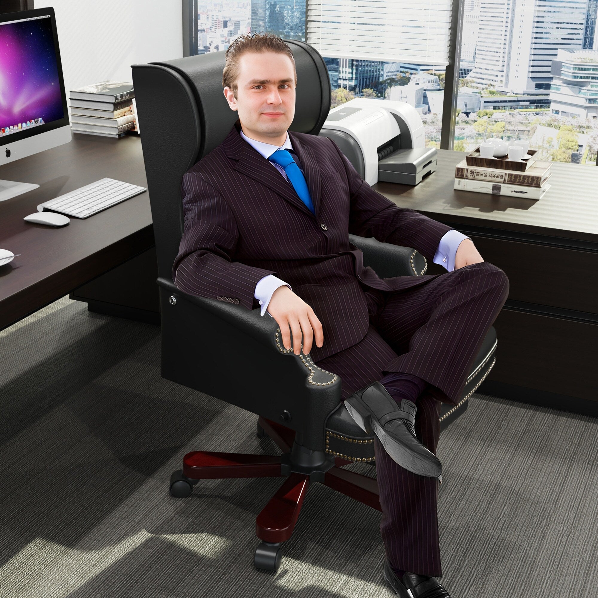 Fauteuil de bureau pivotant ergonomique en cuir PU noir avec repose-pieds, dossier capitonné et décoration cloutée