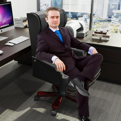 Fauteuil de bureau pivotant ergonomique en cuir PU noir avec repose-pieds, dossier capitonné et décoration cloutée