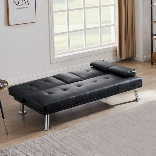Canapé-lit convertible en similicuir noir avec porte-gobelets. Dimensions : 31,50 x 65,75 x 29,53 cm.