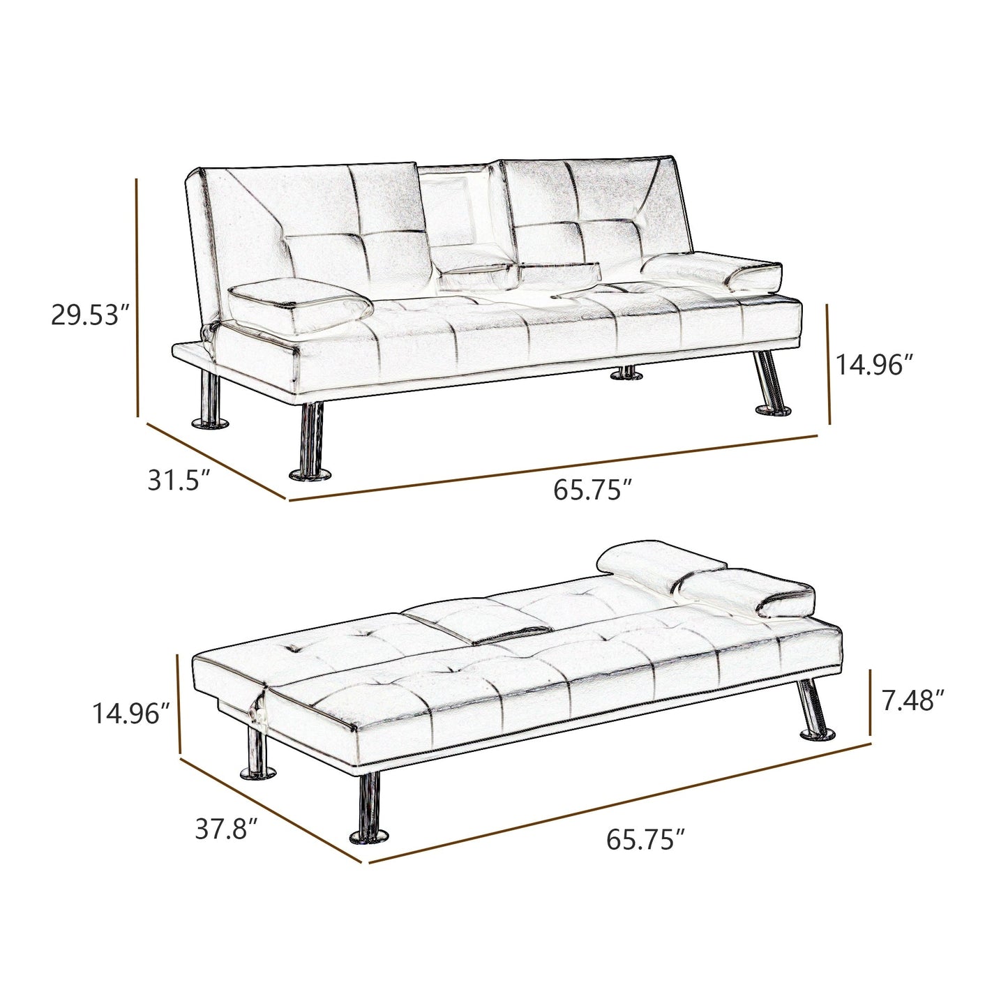 Canapé-lit convertible en similicuir noir avec porte-gobelets. Dimensions : 31,50 x 65,75 x 29,53 cm.