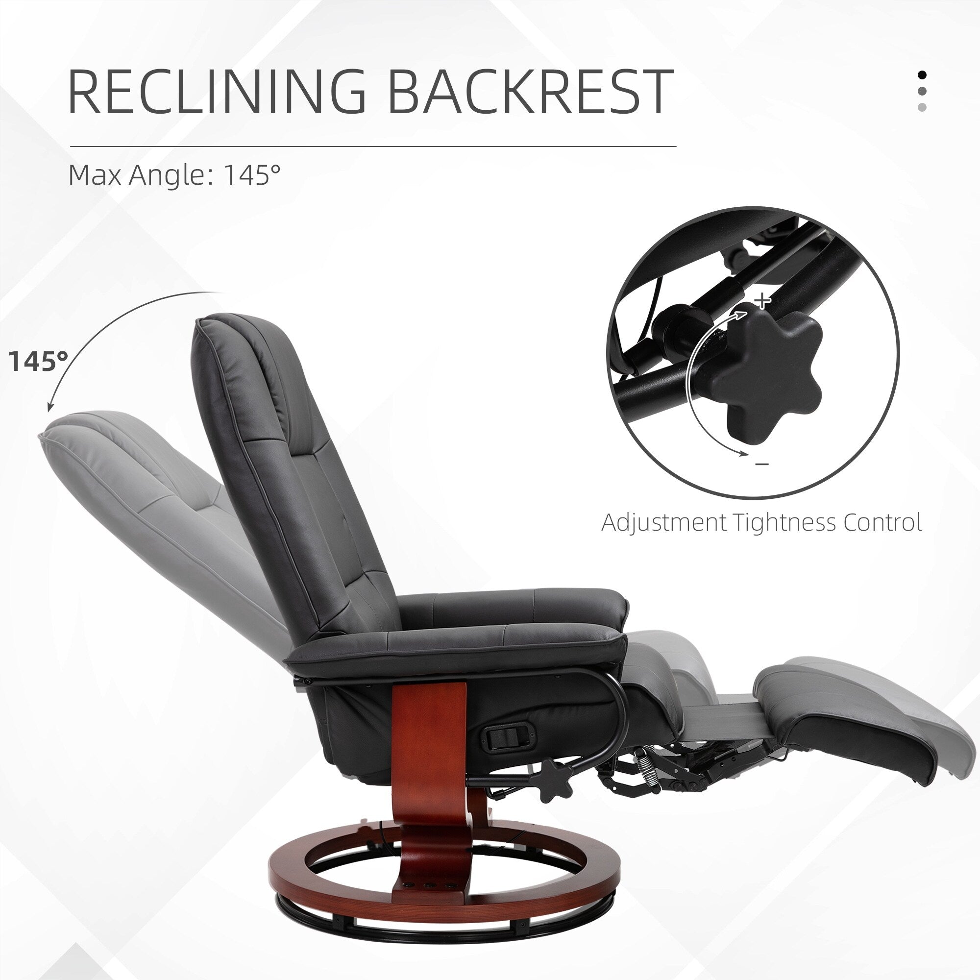 Fauteuil inclinable en similicuir noir, fauteuil de salon pivotant manuel avec repose-pieds réglable, accoudoirs et base en bois enveloppée