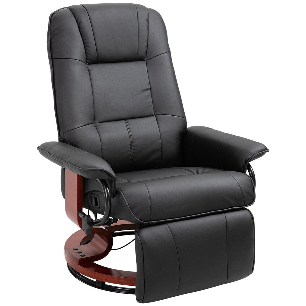 Fauteuil inclinable en similicuir noir, fauteuil de salon pivotant manuel avec repose-pieds réglable, accoudoirs et base en bois enveloppée