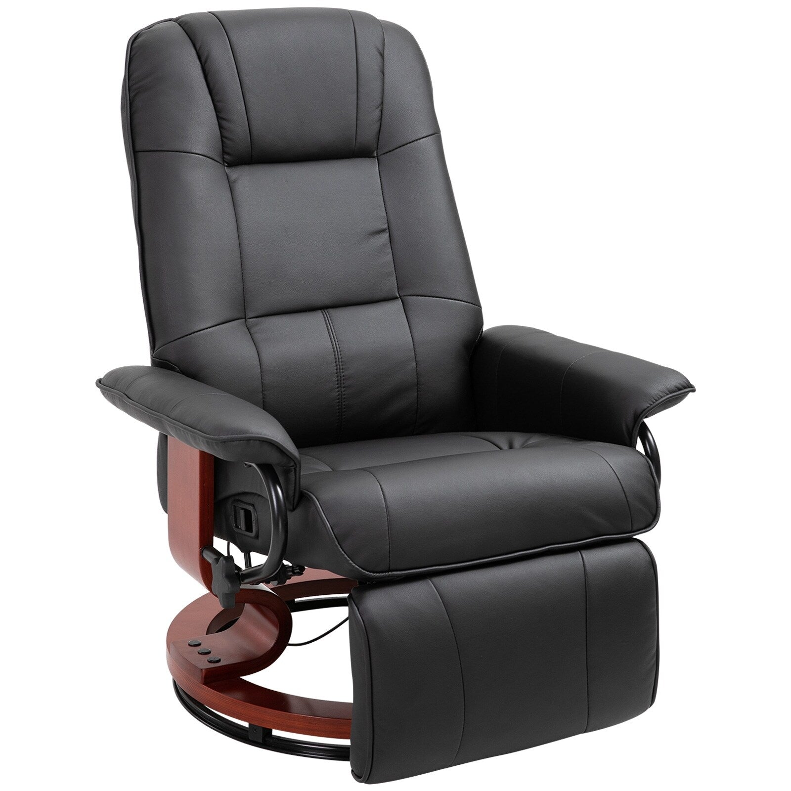 Fauteuil inclinable en similicuir noir, fauteuil de salon pivotant manuel avec repose-pieds réglable, accoudoirs et base en bois enveloppée