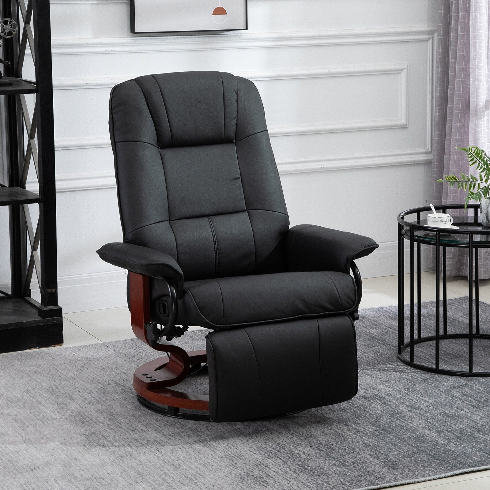 Fauteuil inclinable en similicuir noir, fauteuil de salon pivotant manuel avec repose-pieds réglable, accoudoirs et base en bois enveloppée