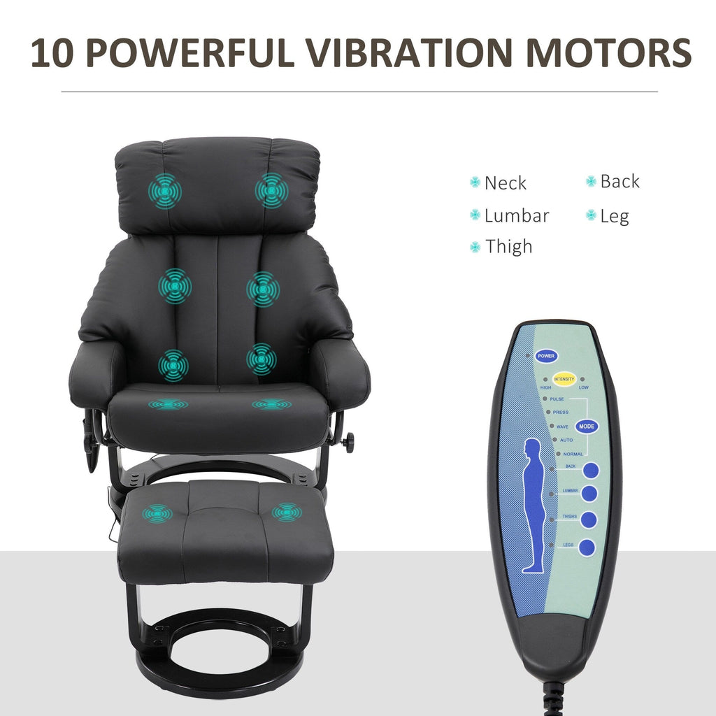 Fauteuil inclinable en similicuir noir avec repose-pieds, massage par vibrations et base pivotante en bois pour salon et chambre
