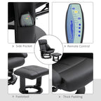 Fauteuil inclinable en similicuir noir avec repose-pieds, massage par vibrations et base pivotante en bois pour salon et chambre