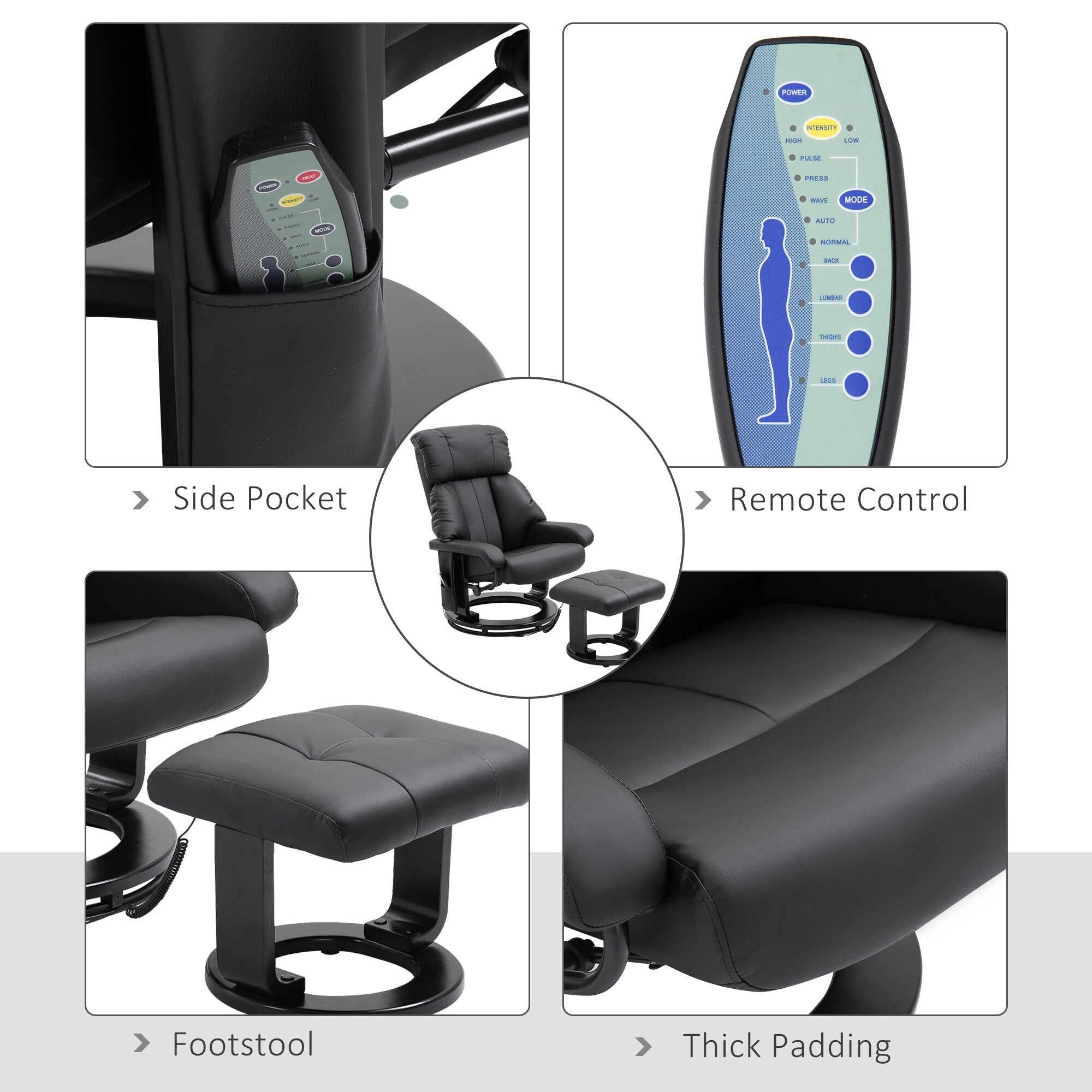 Fauteuil inclinable en similicuir noir avec repose-pieds, massage par vibrations et base pivotante en bois pour salon et chambre